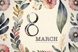 wallpaper with floral motifs, number 8, march. International women's day. Card, banner, March 8th, Generative IA
