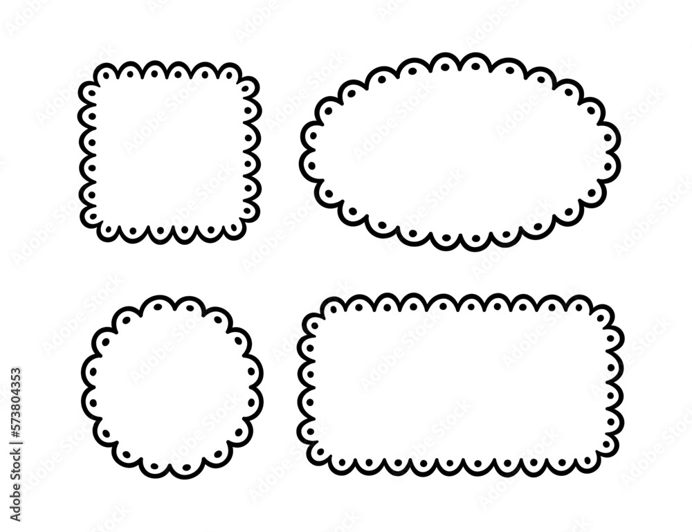 Doodle circle and square scalloped frames. Hand drawn scalloped edge rectangle and ellipse shapes. Simple label form. Flower silhouette lace frame. Vector illustration isolated on white background.