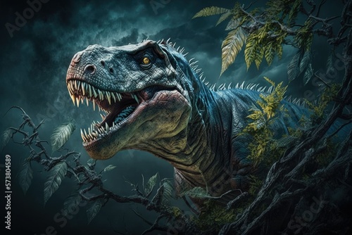 T Rex dinosaur against a natural background with branches. Generative AI