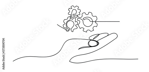 Continuous line drawing of hands holding metal gears. hand drawn metal gears concept in one line doodle style. suitable for technology marketing, industrial, automotive doodle style