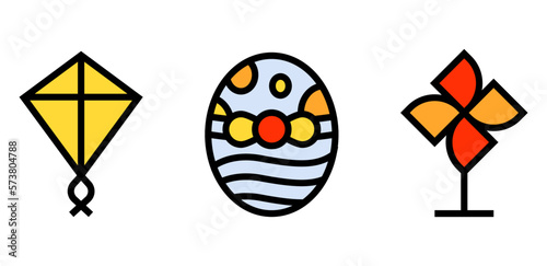 icon line color fill kite, paper fan toys, fan origami, easter egg. kid toys. editable color.