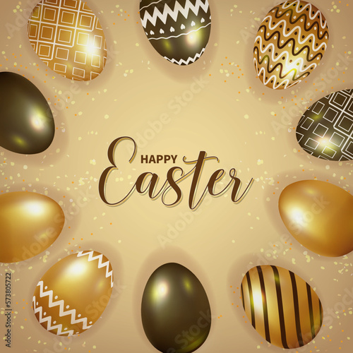 Happy Easter surrounded by metallic Easter eggs on golden background