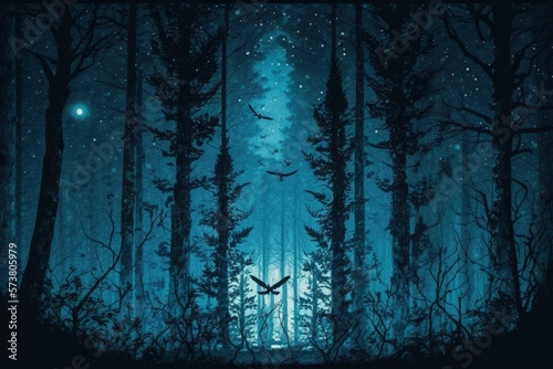 Creepy nighttime forest with a few mysterious lights. There are stars visible in the clear blue twilight sky. The moonlight cast an ethereal glow on the trunks of the towering trees. Tense and gloomy