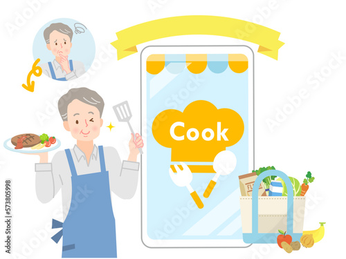 スマホを見ながらハンバーグを作るシニア男性のイメージイラスト