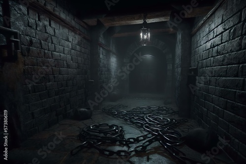 dark dungeon with rusty chains and oppressive atmosphere of despair (AI Generated)