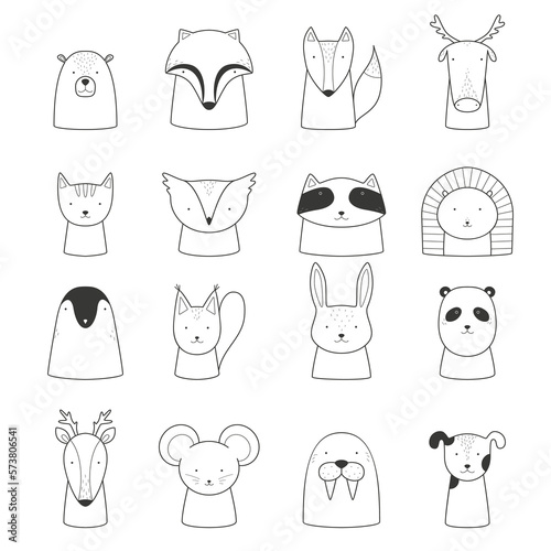 Collection of hand drawn animals isolated on white background. Cute bear, badger, fox, elk, cat, owl, raccoon, hedgehog, penguin, squirrel, hare, panda, deer, mouse, walrus, dog