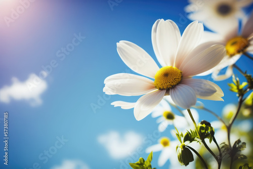 Spring flower background against a blue sky