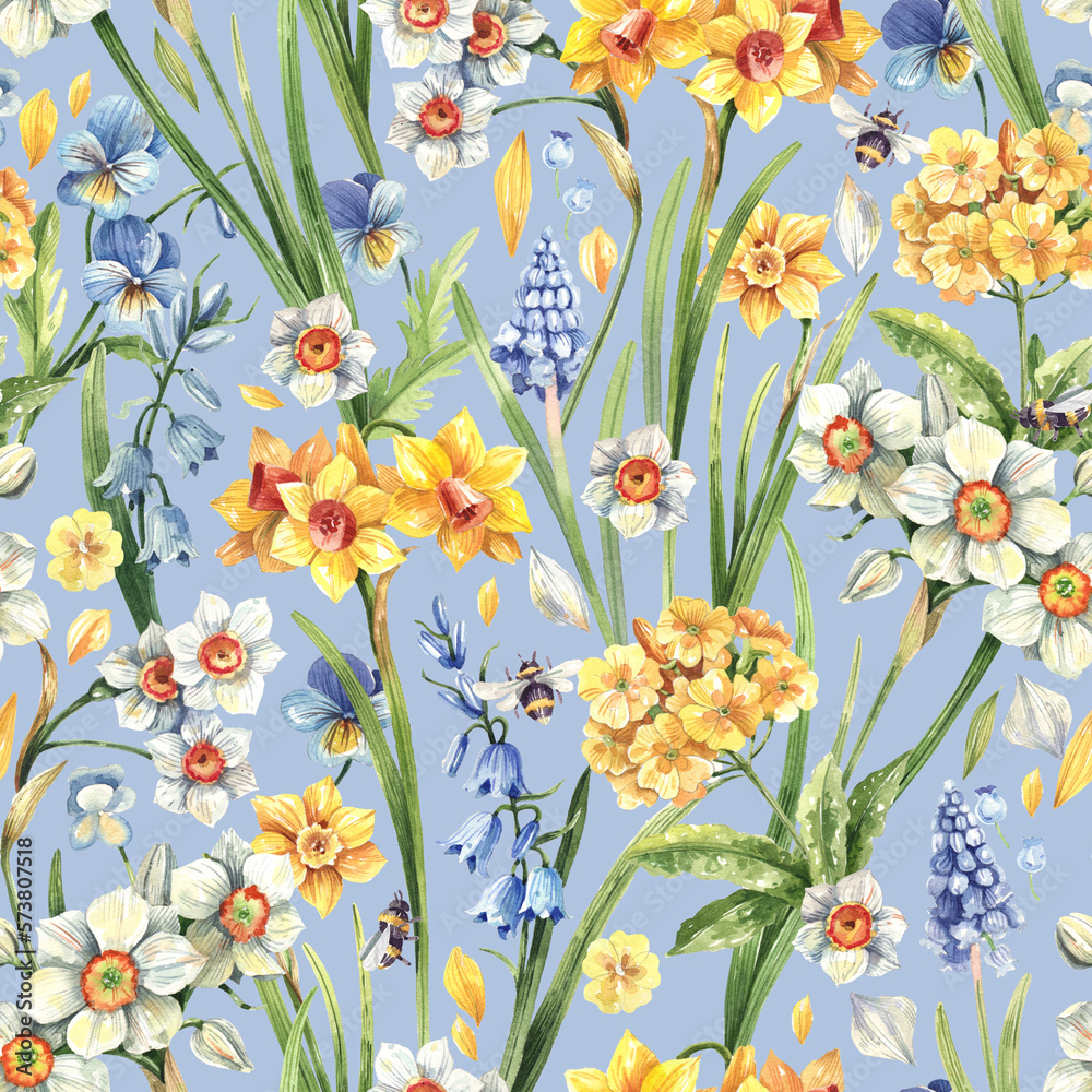 Delicate, floral seamless pattern with watercolor spring flowers on a blue background. Primrose, muscari, violets, watercolor illustration texture.