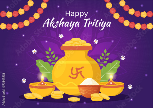 Akshaya Tritiya Festival Illustration with a Golden Kalash, Pot and Gold Coins for Dhanteras Celebration in Hand Drawn for Landing Page Templates
