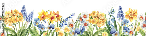 Spring flowers hand drawn watercolor seamless border. Yellow primroses, blue muscari, bluebells, daffodils background.