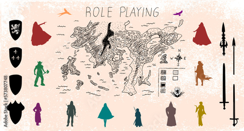 Rollenspiel - handgezeichnete Landkarte und Fantasiefiguren mit Elementen