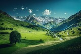 Fantastic Georgia mountain scenery on a warm summer day. Scene from the Caucasus Mountains depicting an alpine green meadow. Beautiful Svaneti mountain valley. Grasslands that provide a nutritious die