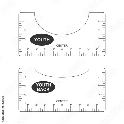 T shirt alignment guide. Youth size front and back template. Ruler for centering clothing design. Sewing measurement tool with markup and numbers for print or laser cut. Inches calibration.