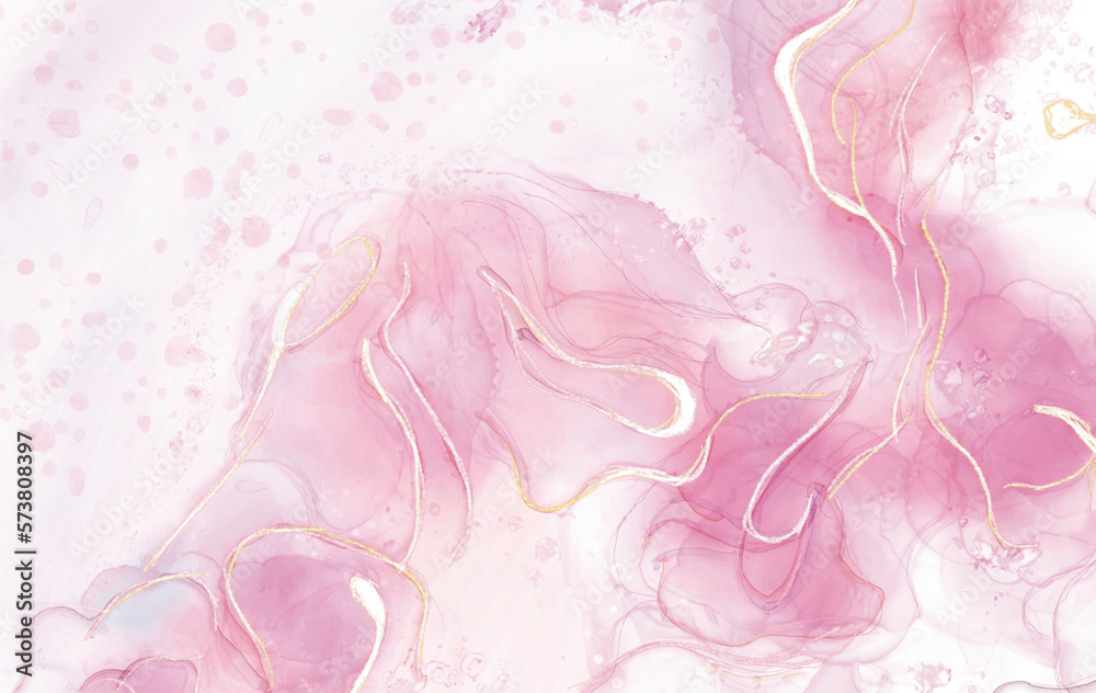 Fototapeta premium Pink watercolor splash with golden glitter lines.