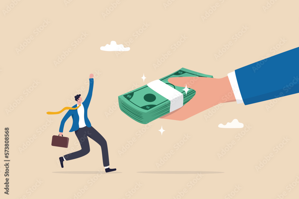 Getting paid, salary, wages payment or bonus, reward or employee benefits, tax refund or investment profit earning, loan or mortgage concept, business man hand giving money banknote to happy employee. - obrazy, fototapety, plakaty 