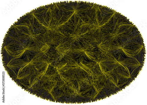 Oval rug ,doormat, mat, carpet with abstract pattern with radial elements in yellow, black colors and grunge rough fringe isolated on white