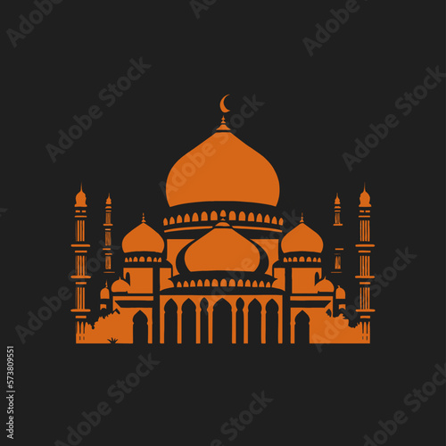 Vector illustration of a mosque and in a minimalist style. Perfect for Ramadan Kareem greeting design elements. Orange color background template, Ramadan theme.