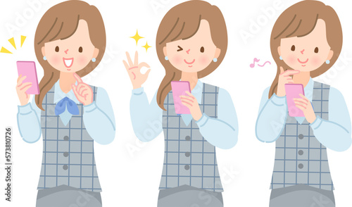 スマホを持つ女性の表情イラストセット