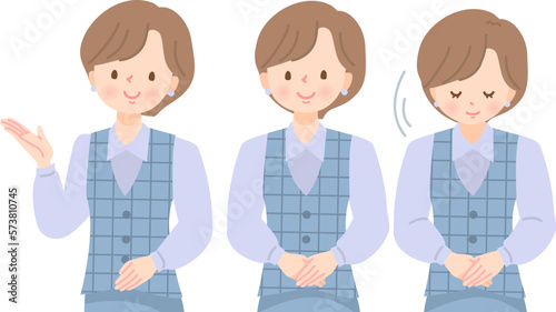 挨拶をするポーズの女性の表情セット