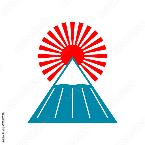 Fuji moutain (Fujisan) with red sun sunlight rays circle japanese style logo icon on white background flat vector design