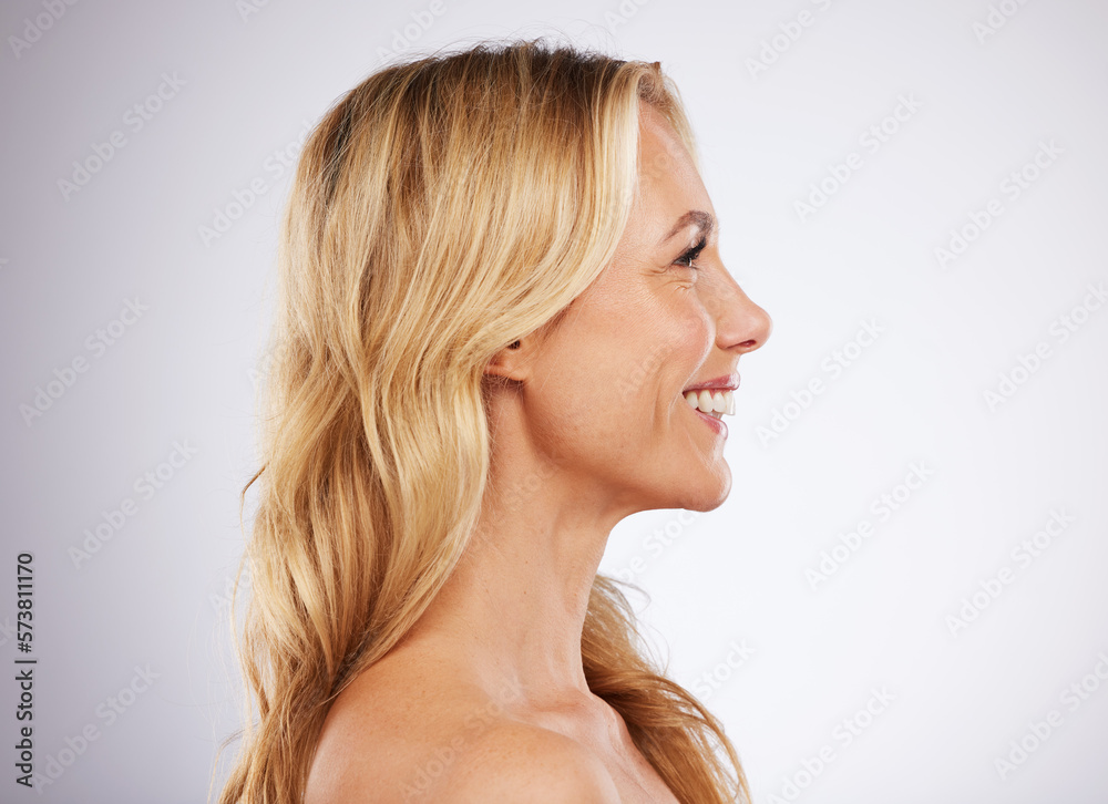 Beauty, hair and woman in studio for wellness, hygiene and grooming on grey background space. Haircare, treatment and mature female model relax in luxury, cosmetic and shine, glow and keratin results Beauty, hair and woman in studio for wellness, hygiene and grooming on grey background space. Haircare, treatment and mature female model relax in luxury, cosmetic and shine, glow and keratin results