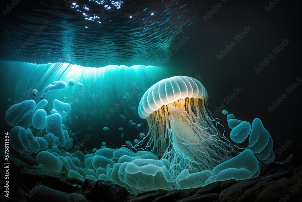 Glowing jellyfish floating in an underwater cave. Bioluminescent ...