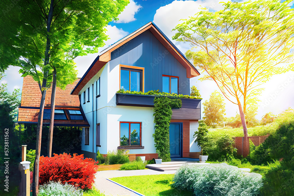 Illustration of modern German detached house with beautiful garden ...