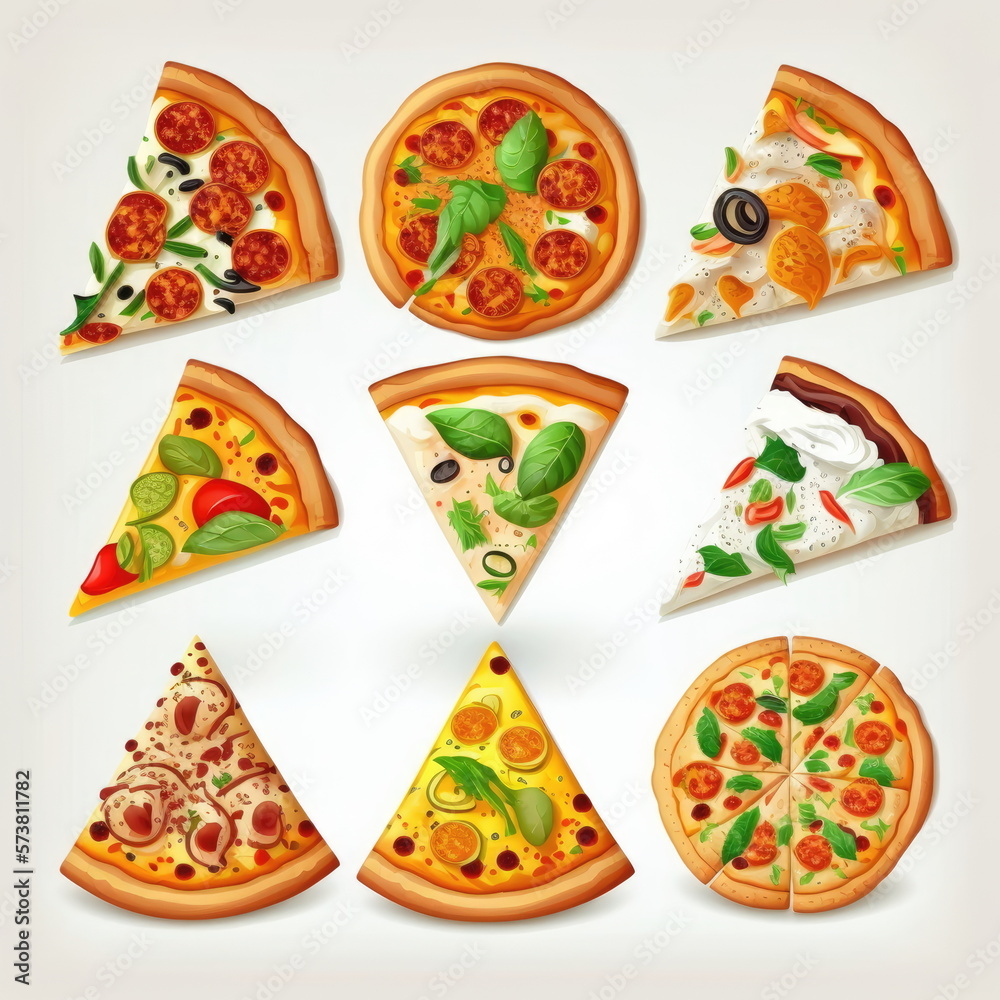 Collection of icon pizza , white background, Made by AI,Artificial intelligence Collection of icon pizza , white background, Made by AI,Artificial intelligence