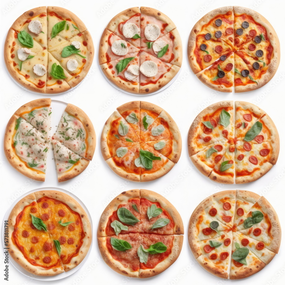 Collection of icon pizza , white background, Made by AI,Artificial intelligence Collection of icon pizza , white background, Made by AI,Artificial intelligence