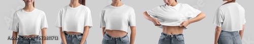 Mockup of white crop top on beautiful girl in jeans, fashion clothes, front, back view, isolated on background.