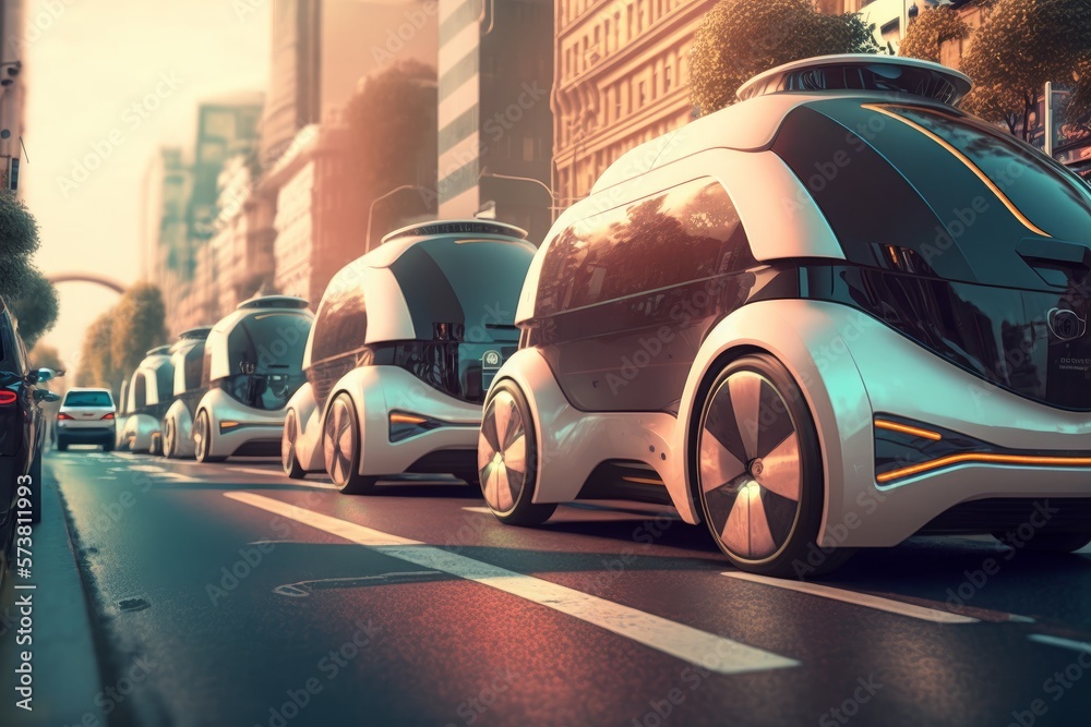 Autonomous vehicle fleet on a city street. Future of transportation concept | generative AI

