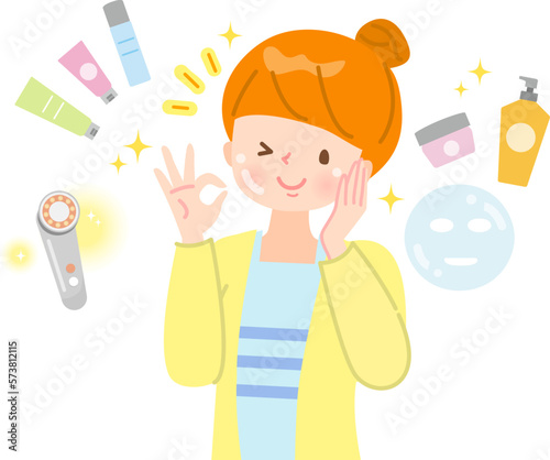 美肌になった若い女性とコスメセット