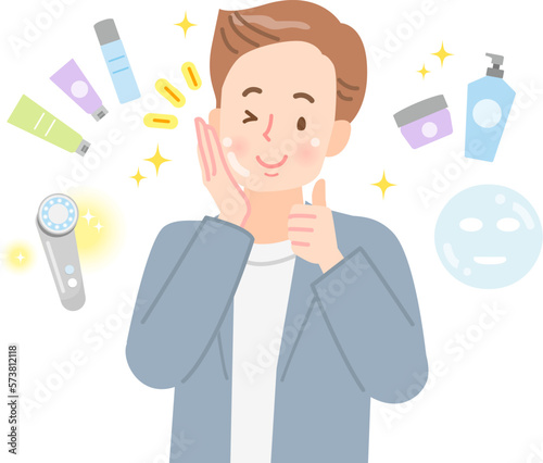 美肌になった若い男性とコスメセット