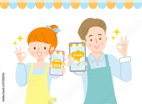 若い男女がスマホで献立を検索するイメージイラスト
