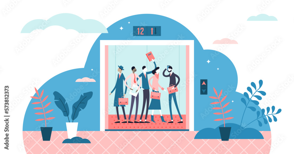 Elevator illustration, transparent background. Flat tiny daily work path persons concept. Everyday staircase alternative option to get upstairs levels.