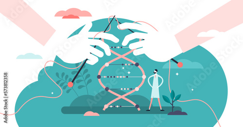 DNA sequencing illustration, transparent background. Genetic scene in flat tiny persons concept. Molecular cloning or editing process visualized as knitting.