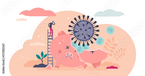 Economical crash concept, flat tiny person illustration, transparent background. Broken piggy bank by Corona virus COVID-19 pandemic crash.