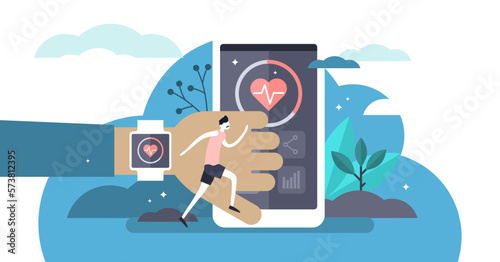 Fitness tracker illustration, transparent background. Flat tiny heartbeat measurement person concept. Physical health control in fitness workout running exercise. Pedometer technology synchronization.