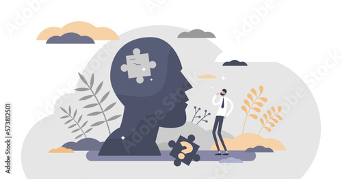 Memory loss as brain amnesia problem and thoughts forget tiny persons concept  transparent background. Medical issue symbolic scene with missing puzzle piece in head illustration.