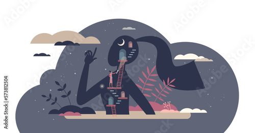 Mental self discovery and inner personality explore tiny person concept, transparent background. Personal emotions and feelings psychological research with therapy session illustration.