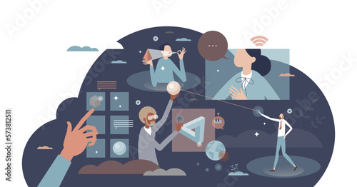 Metaverse augmented reality technology online platform tiny person concept, transparent background. Virtual futuristic social media connection.