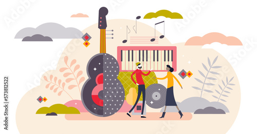 Music festival abstract concept, flat tiny person illustration, transparent background. Musical party event with stylized instruments and dancing fun couple.