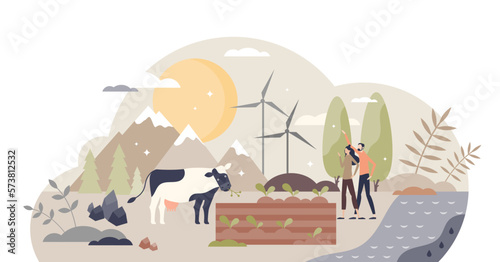Natural resources sustainable and friendly consumption tiny person concept, transparent background. Scene with environmental forest, livestock, water and land usage illustration.