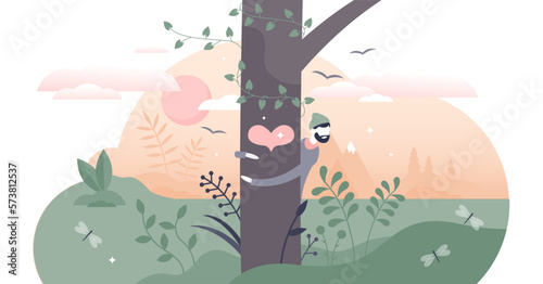 Nature lover illustration  transparent background. Tree hugging as nature friendly lifestyle symbol in flat tiny persons concept. Environment passion and plant protection from deforestation.