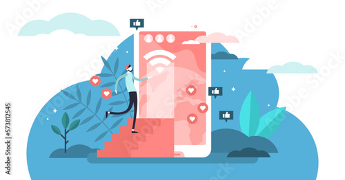 Online illustration, transparent background. Flat tiny user connected to web persons concept. Technological communication using social media and cyberspace services.