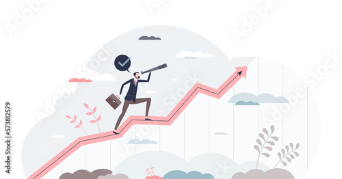 Sales forecasting and financial company profit prediction tiny person concept, transparent background. Business development calculation and performance statistic measurement illustration.