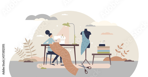 Sewing professional fashion clothes from textile material tiny person concept, transparent background. Home work tailor scene with knitting, spool and machine for handcrafts illustration.