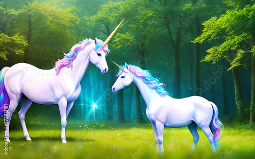 White unicorn in fairy forest.Animation  cartoon