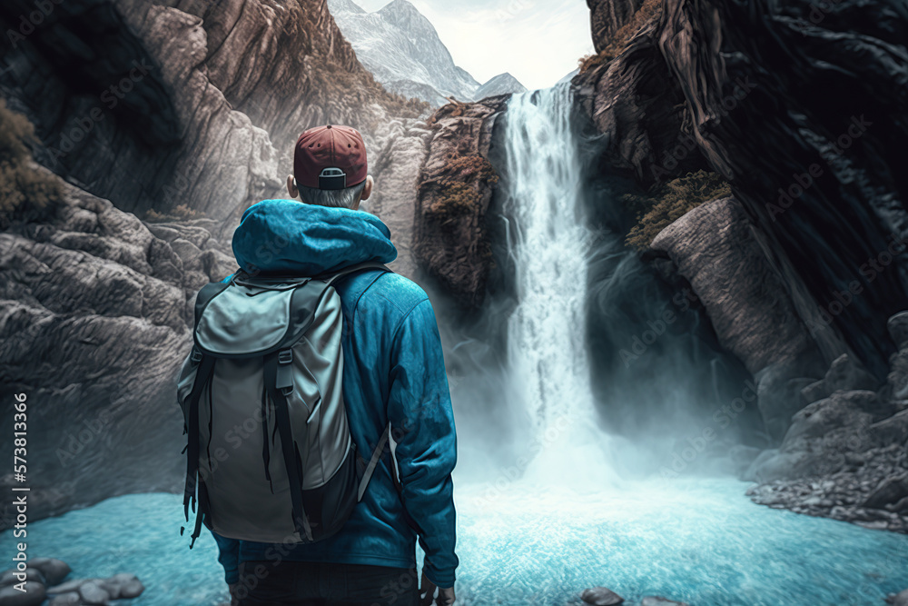 Unrecognizable man tourist with backpack looking at wonderful waterfall, Concept of exploration of savage nature, vacations, Travel Lifestyle concept Ai generative Unrecognizable man tourist with backpack looking at wonderful waterfall, Concept of exploration of savage nature, vacations, Travel Lifestyle concept Ai generative