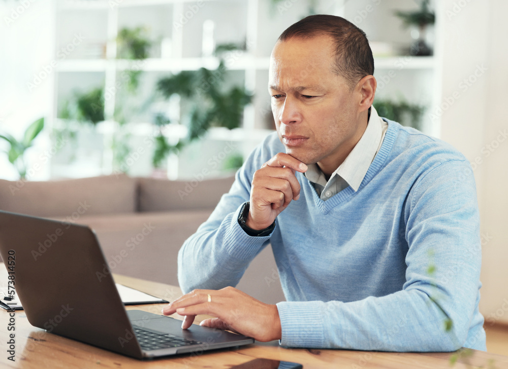 Naklejka premium Thinking, planning and business man on laptop with email, financial management and startup investment ideas. Work from home boss, entrepreneur or person focus, typing on computer for website strategy